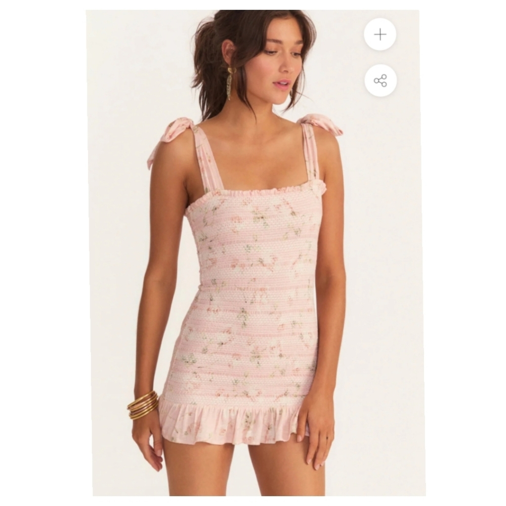 LOVESHACKFANCY Norna Smocked Tie-Shoulder Minidress M Cottagecore Festival